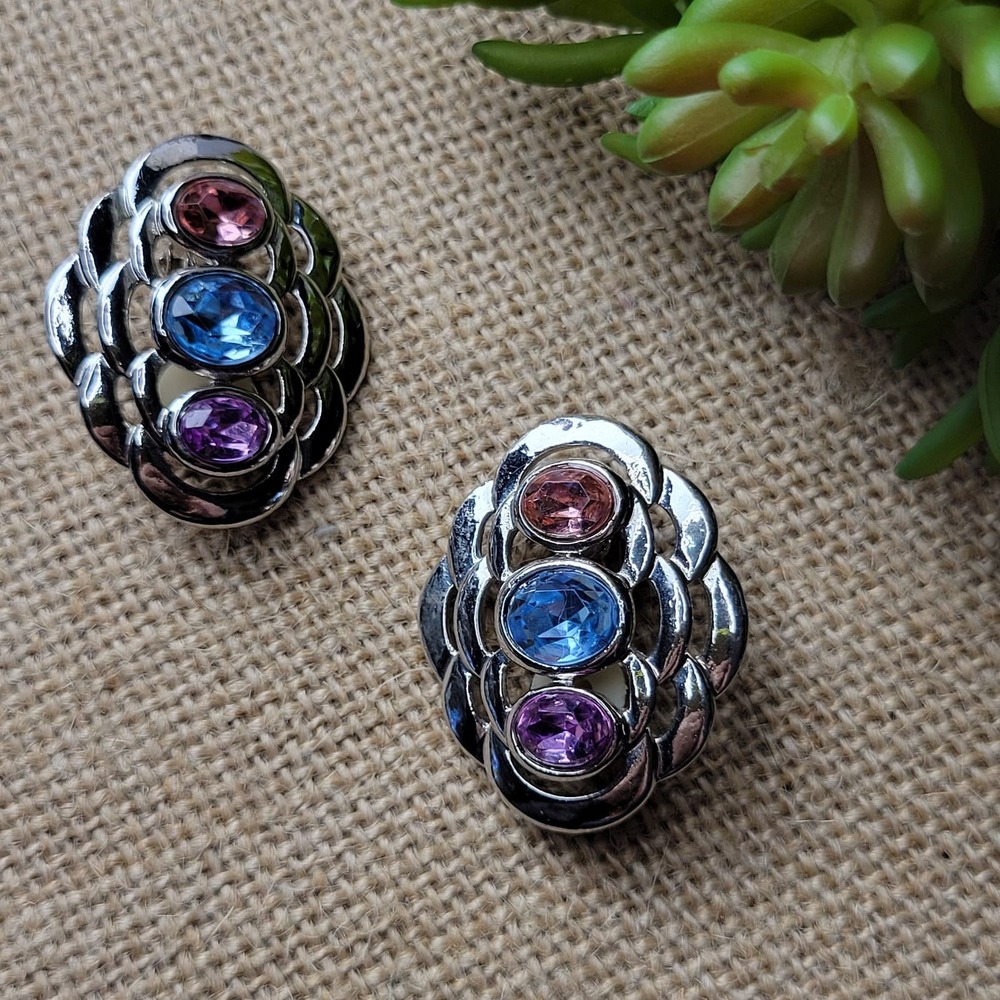 Art Deco Revival earrings‎ silver-tone and pastel rhinestones clip-ons 1980s